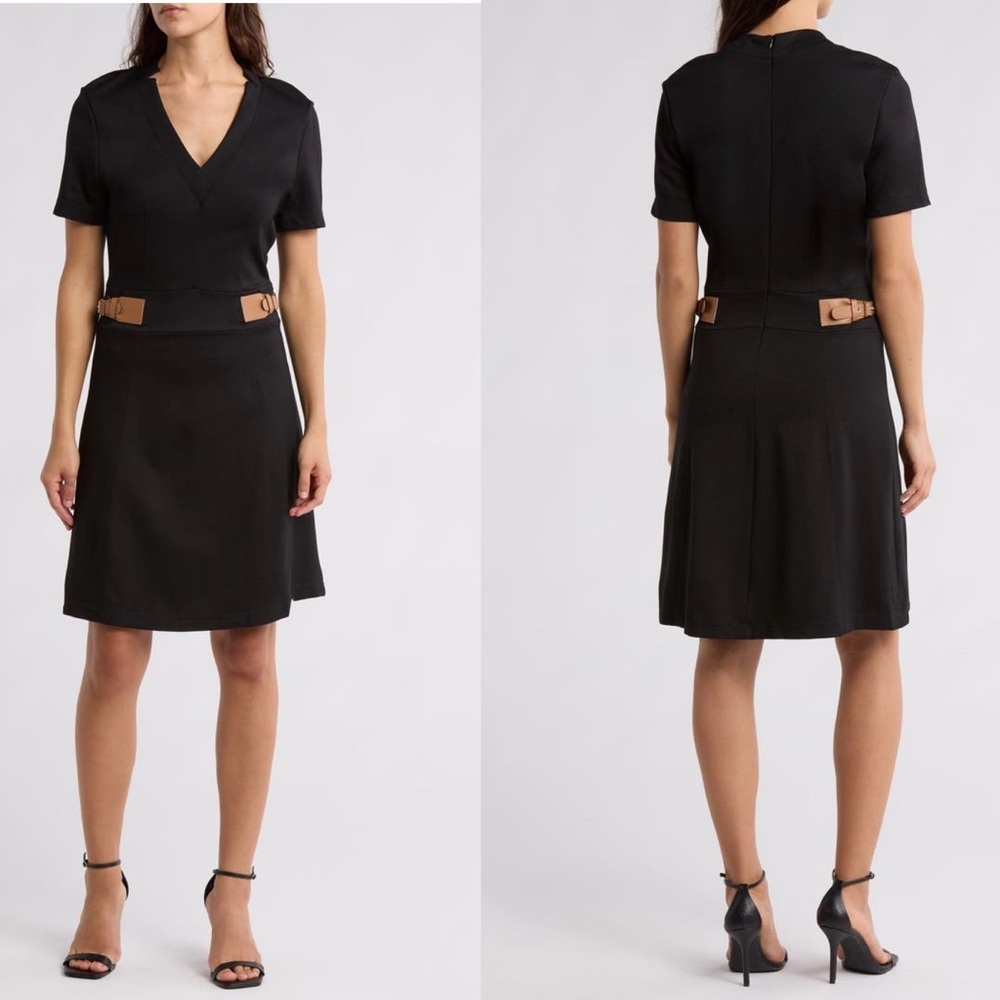 Ellen Tracy Black Belted Short Sleeve Fit & Flare Dress Sz S NWT